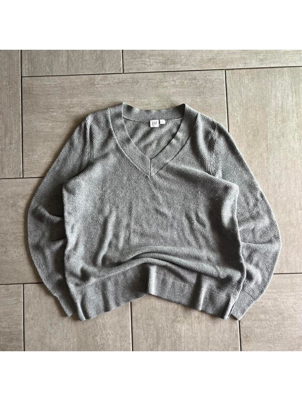 Gap V Neck Sweater Gray Textured Waffle Knit Long Sleeve Top XL